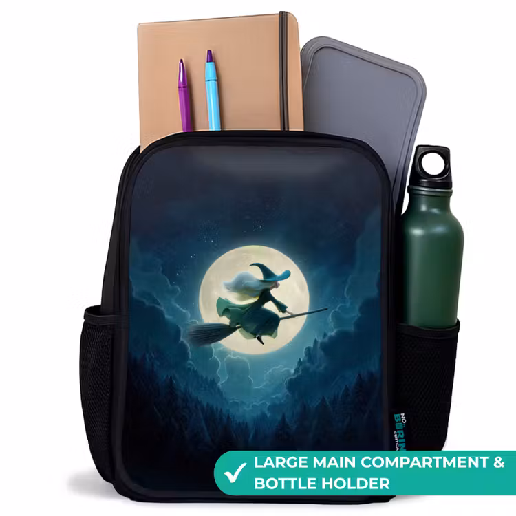 Kids backpack - Black - Flying witch before full moon over dark forest — 10