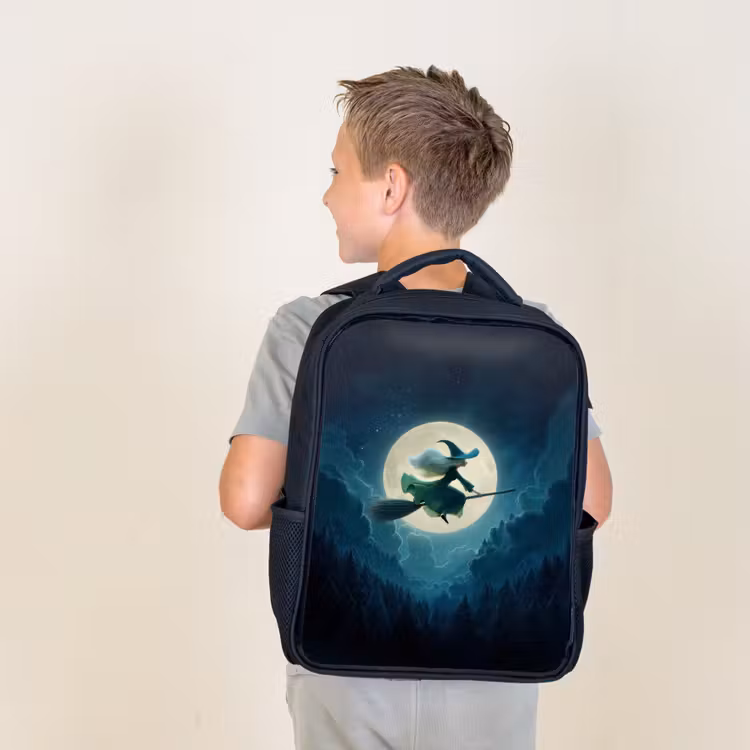Kids backpack - Black - Flying witch before full moon over dark forest — 2