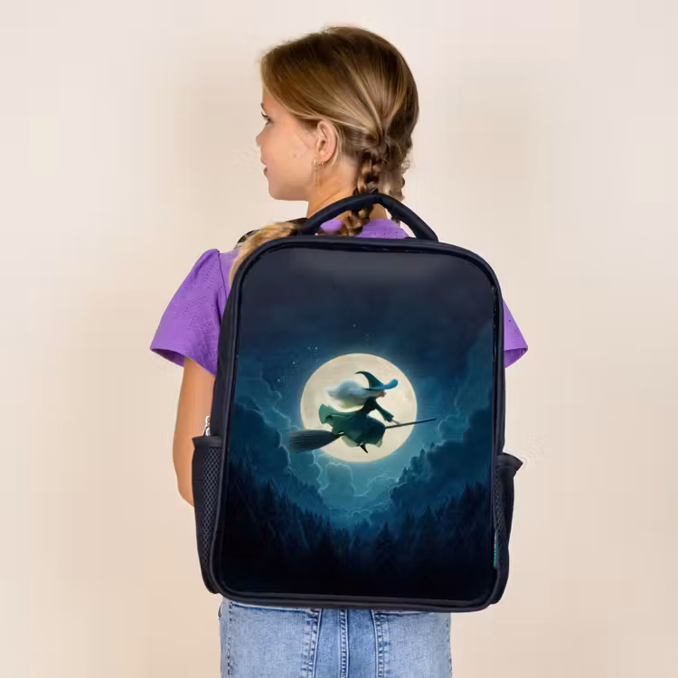 Kids backpack - Black - Flying witch before full moon over dark forest — 4