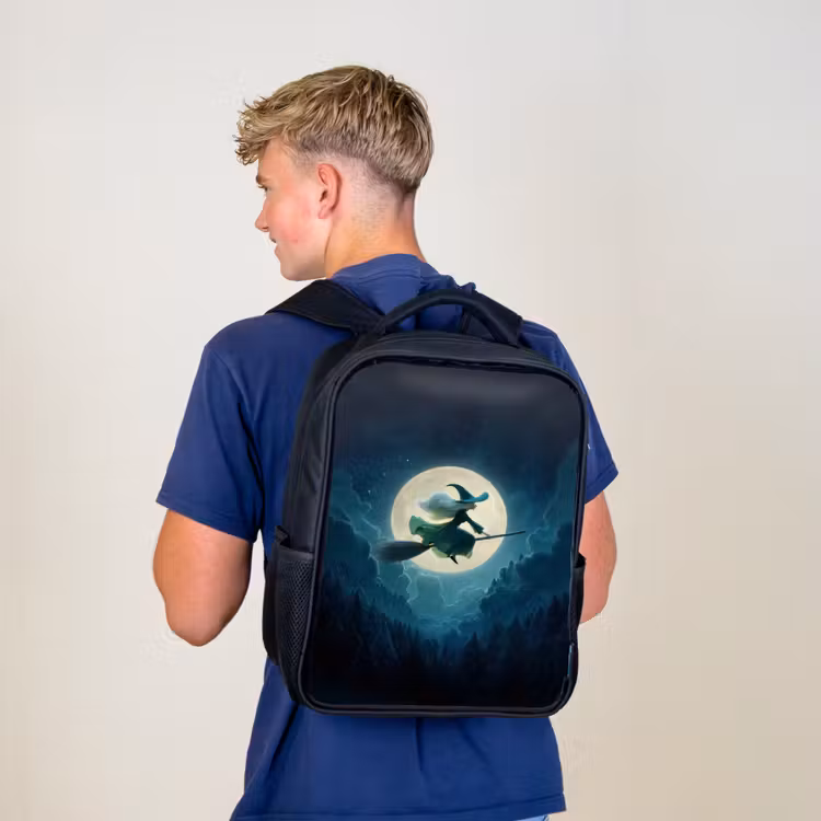 Kids backpack - Black - Flying witch before full moon over dark forest — 5