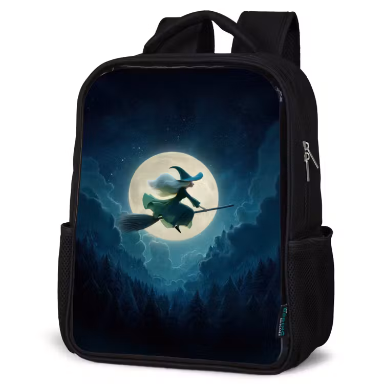 Kids backpack - Black - Flying witch before full moon over dark forest — 6