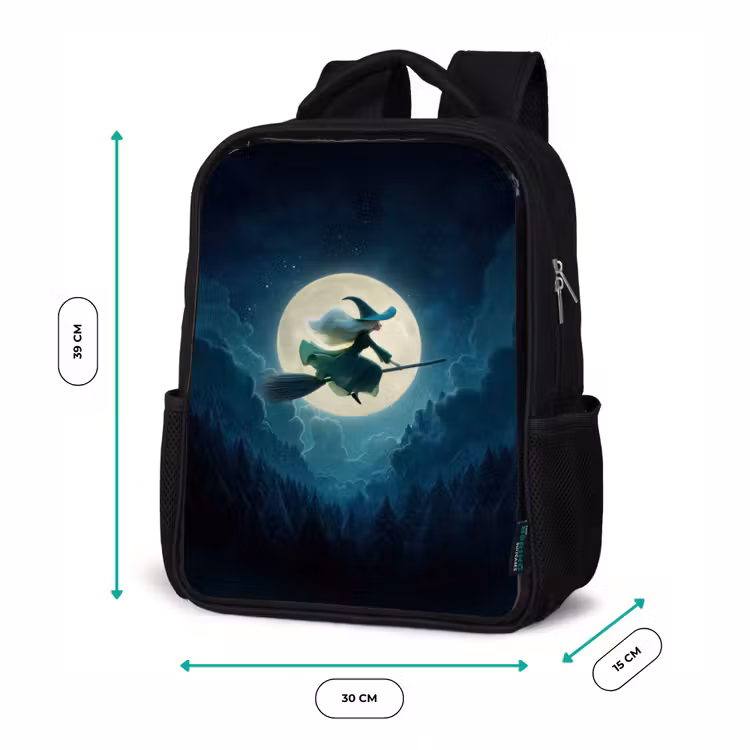 Kids backpack - Black - Flying witch before full moon over dark forest — 8