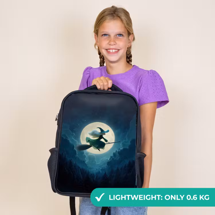 Kids backpack - Black - Flying witch before full moon over dark forest — 9