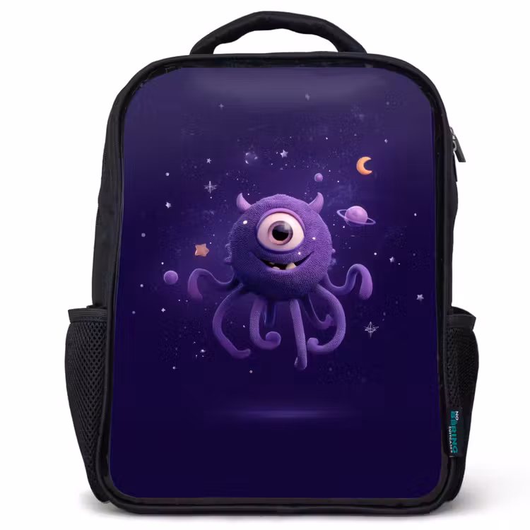 Kids backpack - Black - Friendly one-eyed space creature in purple — 1