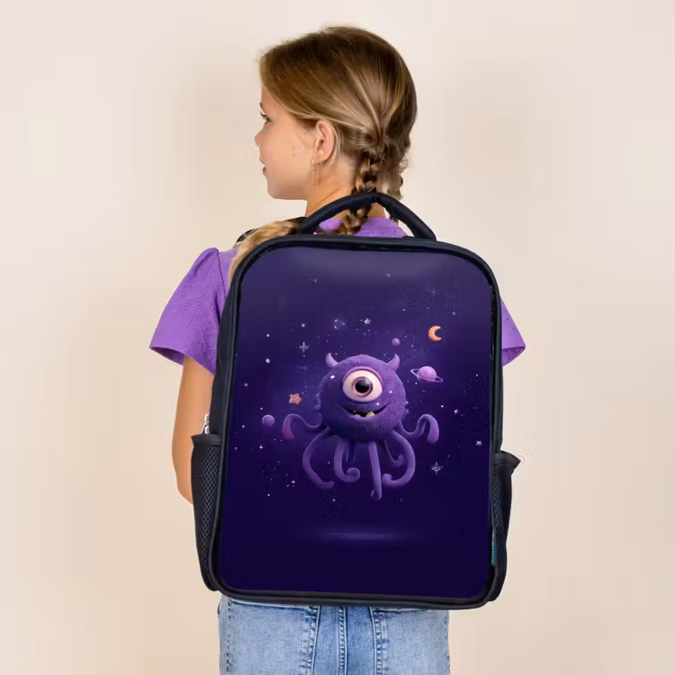 Kids backpack - Black - Friendly one-eyed space creature in purple — 4