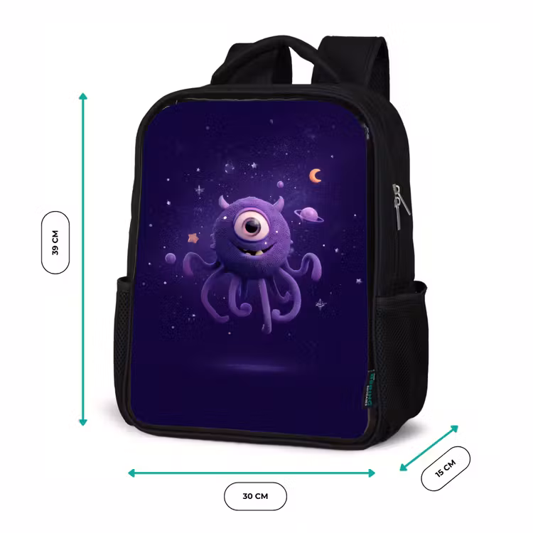 Kids backpack - Black - Friendly one-eyed space creature in purple — 8