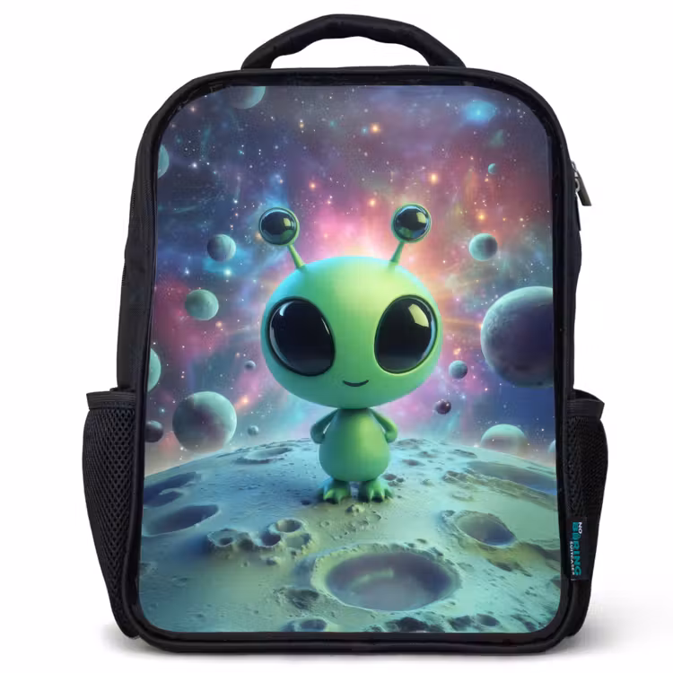 Kids backpack - Black - Green alien figure on lunar landscape with cosmic background — 1