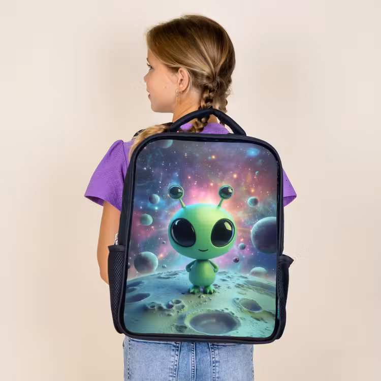 Kids backpack - Black - Green alien figure on lunar landscape with cosmic background — 4