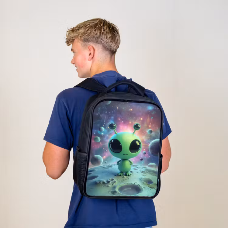 Kids backpack - Black - Green alien figure on lunar landscape with cosmic background — 5