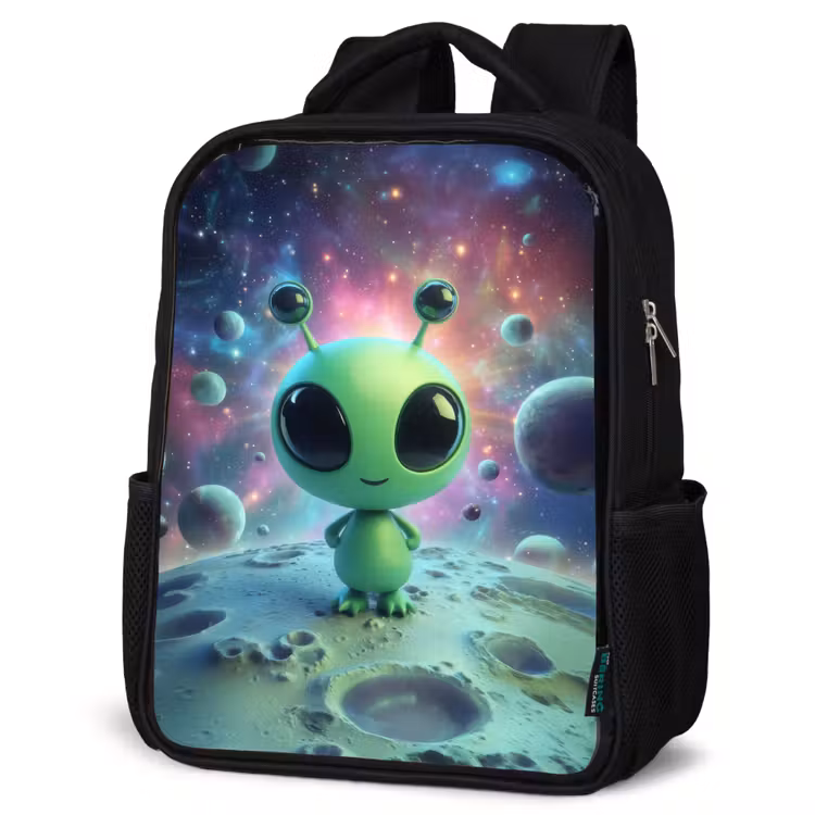 Kids backpack - Black - Green alien figure on lunar landscape with cosmic background — 6