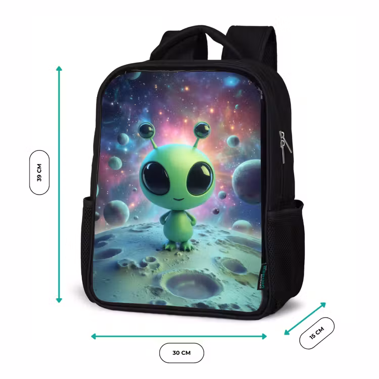 Kids backpack - Black - Green alien figure on lunar landscape with cosmic background — 8