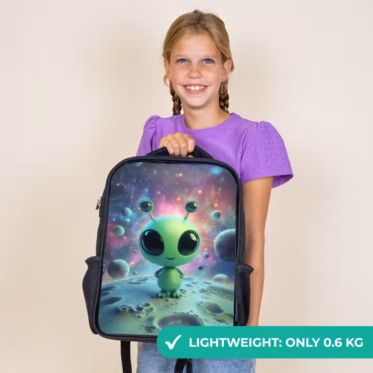 Kids backpack - Black - Green alien figure on lunar landscape with cosmic background — 9