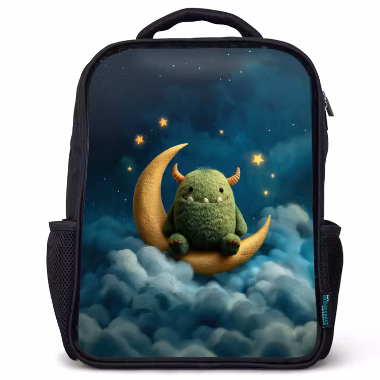 Kids backpack - Black - Green fluff monster on crescent moon among dreamy clouds — 1