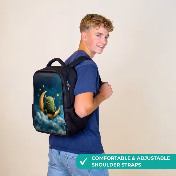 Kids backpack - Black - Green fluff monster on crescent moon among dreamy clouds — 11