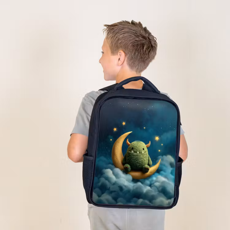 Kids backpack - Black - Green fluff monster on crescent moon among dreamy clouds — 2