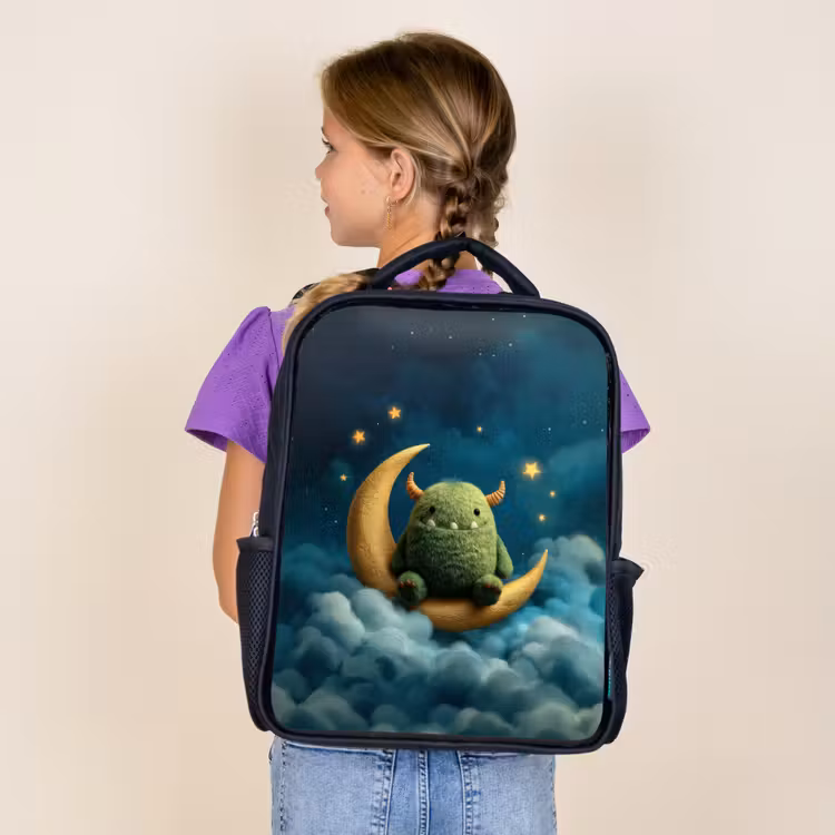 Kids backpack - Black - Green fluff monster on crescent moon among dreamy clouds — 4
