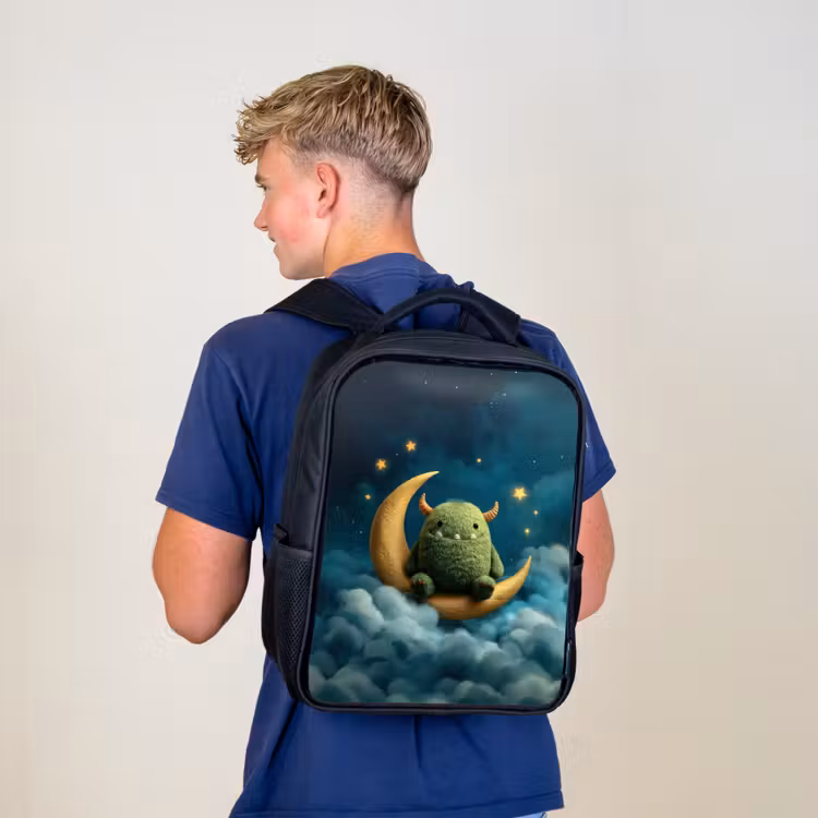 Kids backpack - Black - Green fluff monster on crescent moon among dreamy clouds — 5