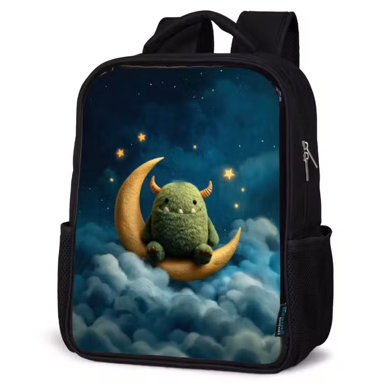 Kids backpack - Black - Green fluff monster on crescent moon among dreamy clouds — 6