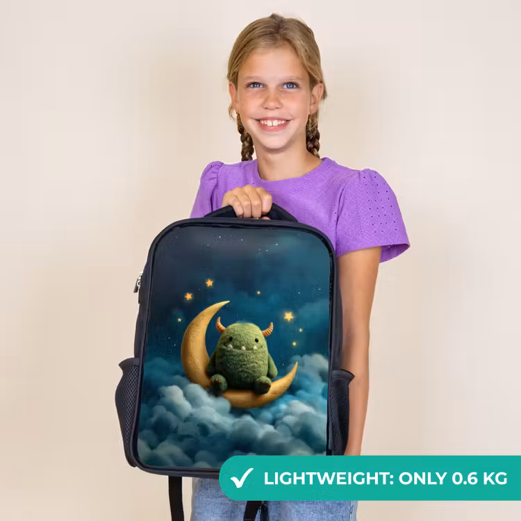 Kids backpack - Black - Green fluff monster on crescent moon among dreamy clouds — 9