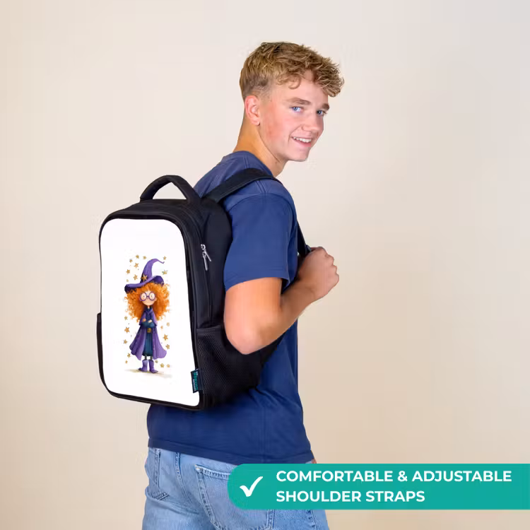 Kids backpack - Black - Little witch with big glasses and star cloak — 11