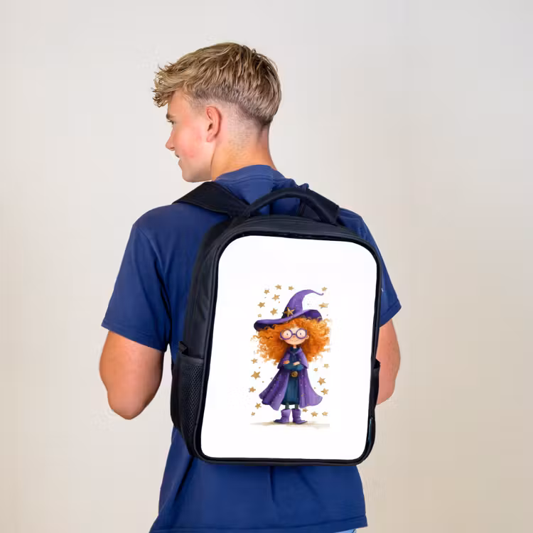 Kids backpack - Black - Little witch with big glasses and star cloak — 5