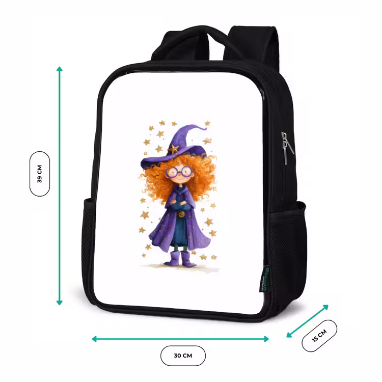 Kids backpack - Black - Little witch with big glasses and star cloak — 8