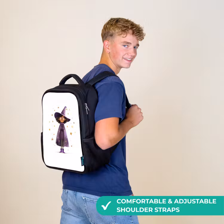Kids backpack - Black - Magic apprentice with purple cloak and star hat — 11