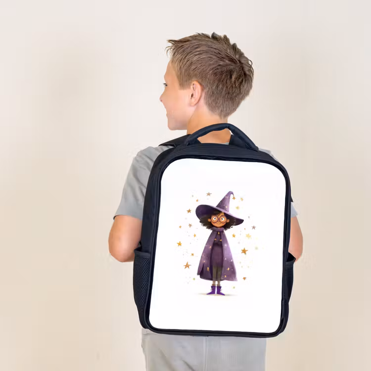 Kids backpack - Black - Magic apprentice with purple cloak and star hat — 2