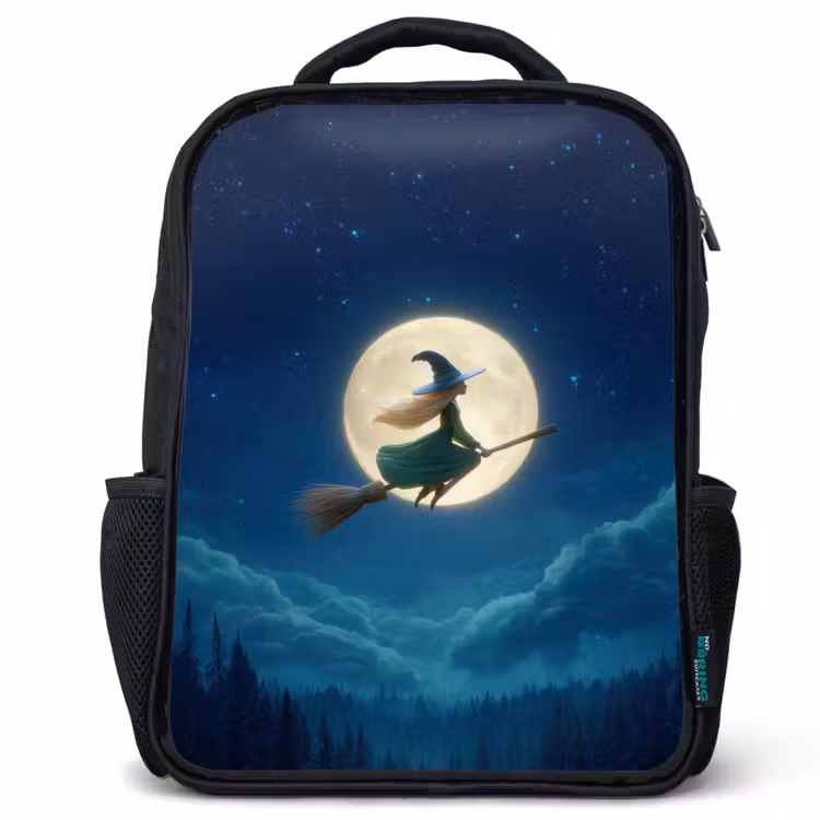 Kids backpack - Black - Magical night flight of a witch before a full moon — 1