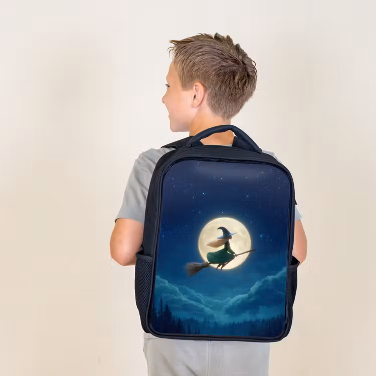 Kids backpack - Black - Magical night flight of a witch before a full moon — 2