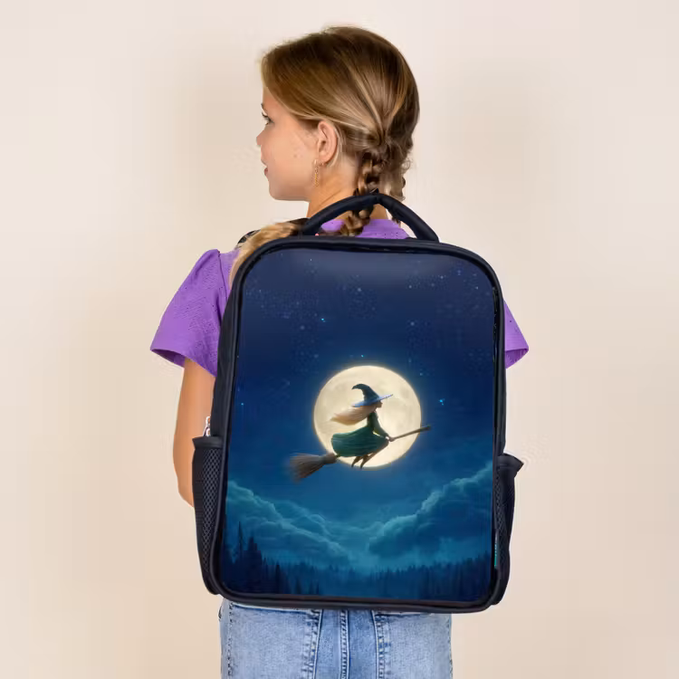 Kids backpack - Black - Magical night flight of a witch before a full moon — 4