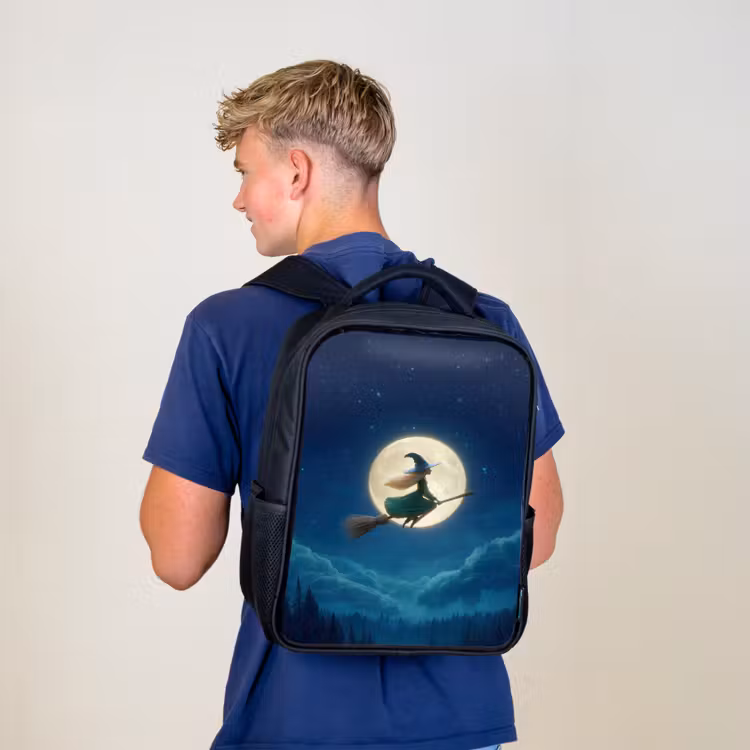 Kids backpack - Black - Magical night flight of a witch before a full moon — 5