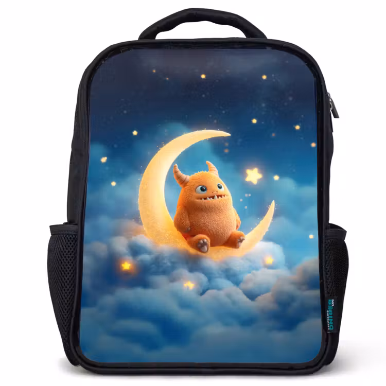 Kids backpack - Black - Orange stuffed monster on a shimmering moon — 1