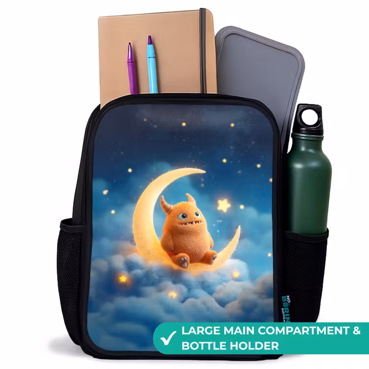 Kids backpack - Black - Orange stuffed monster on a shimmering moon — 10
