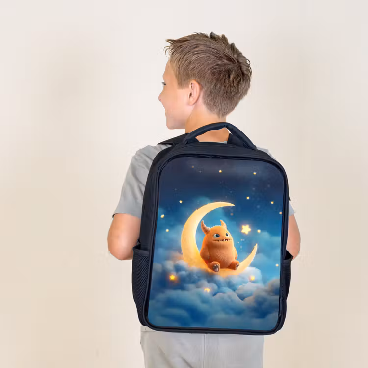 Kids backpack - Black - Orange stuffed monster on a shimmering moon — 2