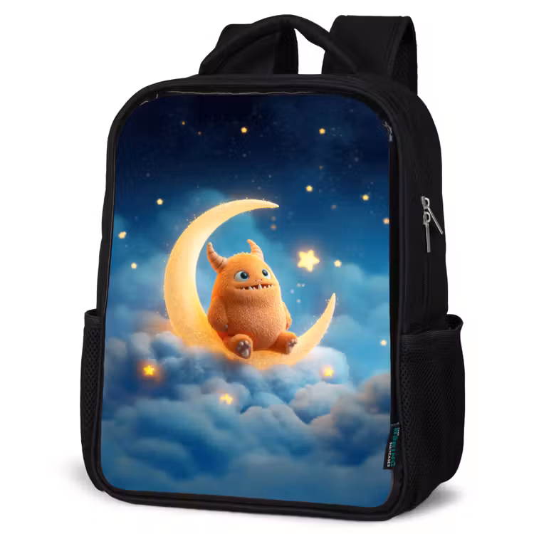 Kids backpack - Black - Orange stuffed monster on a shimmering moon — 6