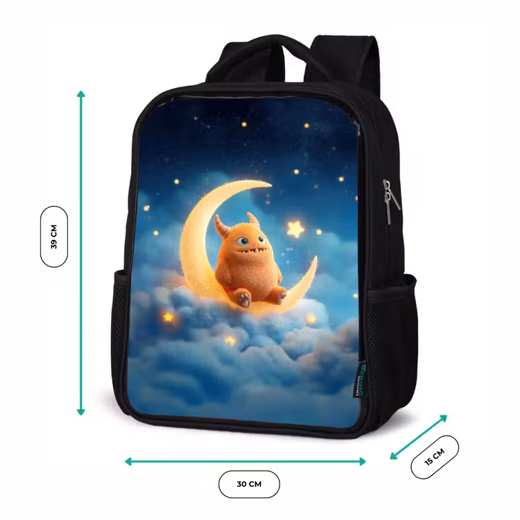 Kids backpack - Black - Orange stuffed monster on a shimmering moon — 8
