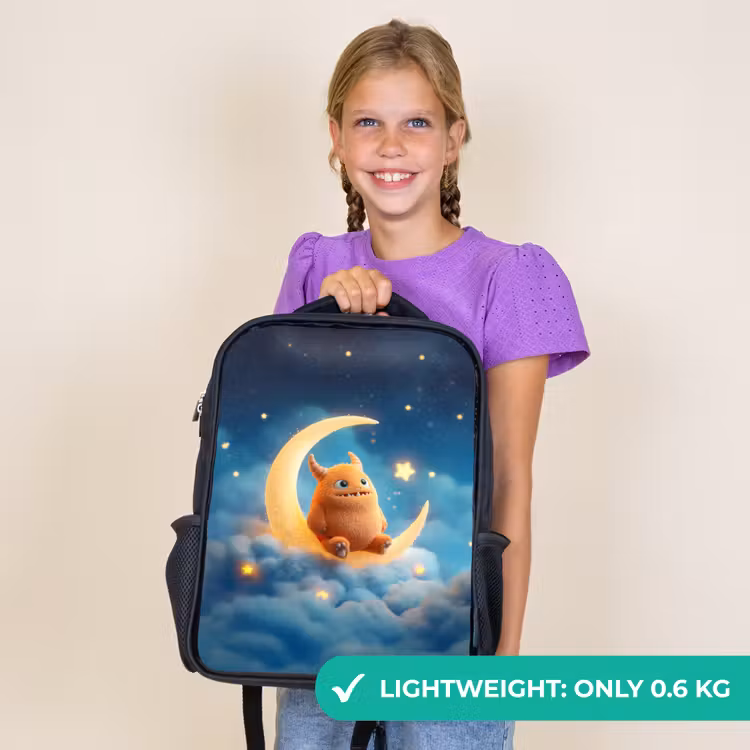Kids backpack - Black - Orange stuffed monster on a shimmering moon — 9
