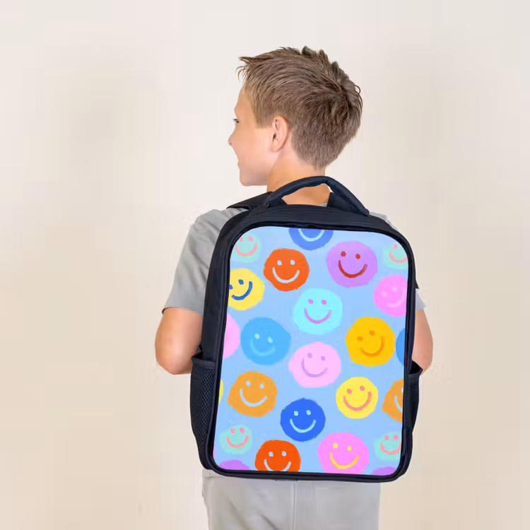 Kids backpack - Black - Painted smileycollage on light blue — 2