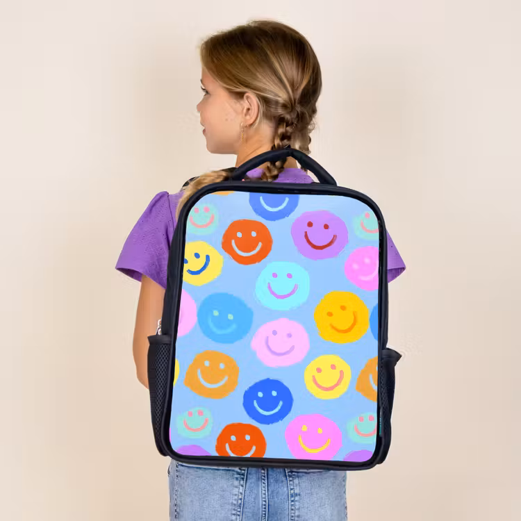 Kids backpack - Black - Painted smileycollage on light blue — 4