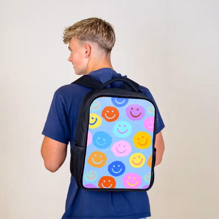 Kids backpack - Black - Painted smileycollage on light blue — 5