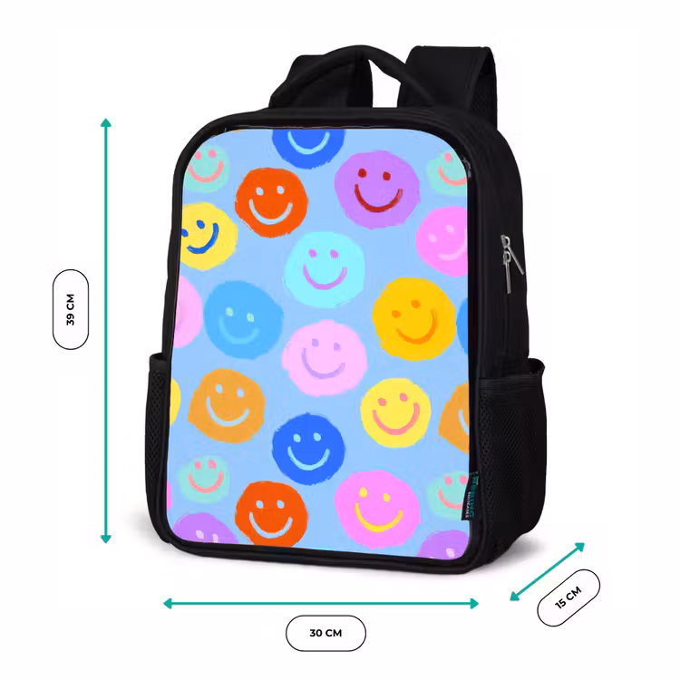 Kids backpack - Black - Painted smileycollage on light blue — 8