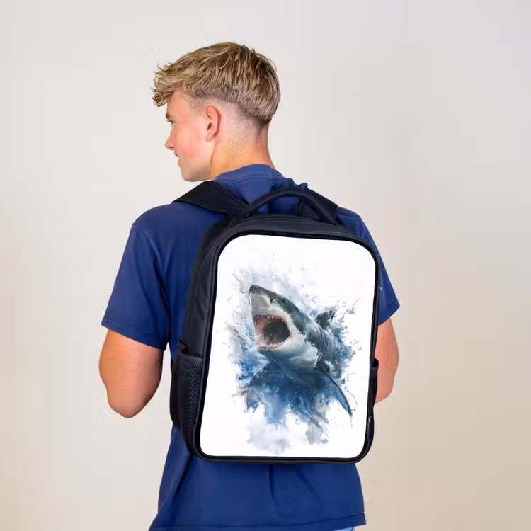Kids backpack - Black - Protruding shark with open mouth in watercolor style — 5
