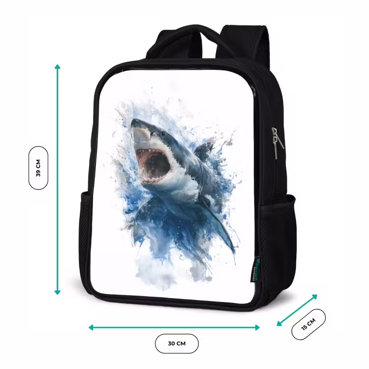 Kids backpack - Black - Protruding shark with open mouth in watercolor style — 8