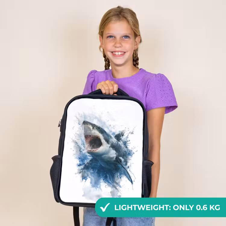 Kids backpack - Black - Protruding shark with open mouth in watercolor style — 9