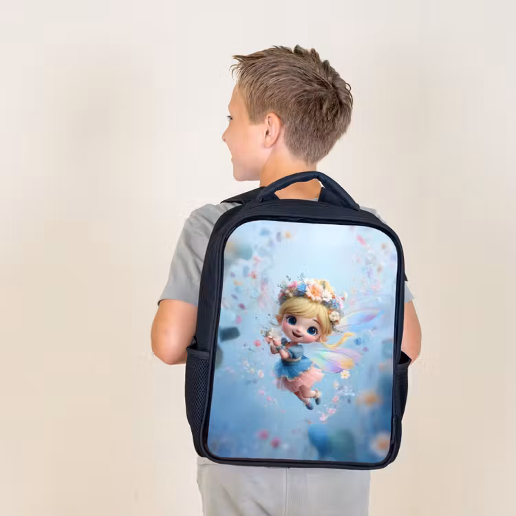 Kids backpack - Black - Radiant flower fairy floating in a blue floral sky — 2