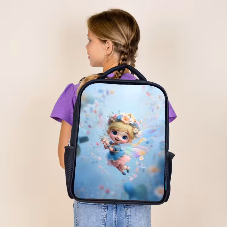 Kids backpack - Black - Radiant flower fairy floating in a blue floral sky — 4