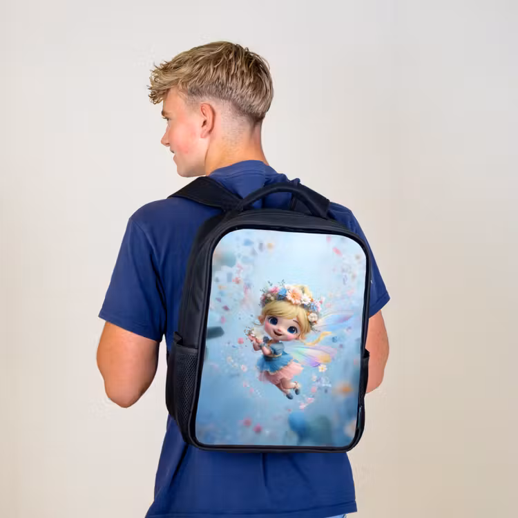 Kids backpack - Black - Radiant flower fairy floating in a blue floral sky — 5