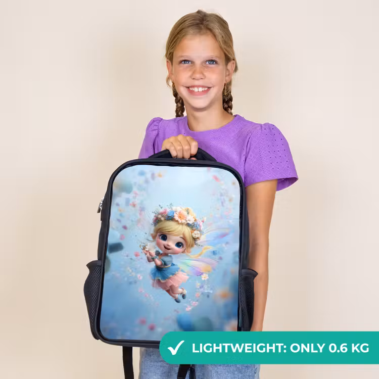 Kids backpack - Black - Radiant flower fairy floating in a blue floral sky — 9