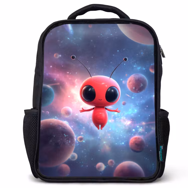 Kids backpack - Black - Red alien floating in colorful cosmos — 1